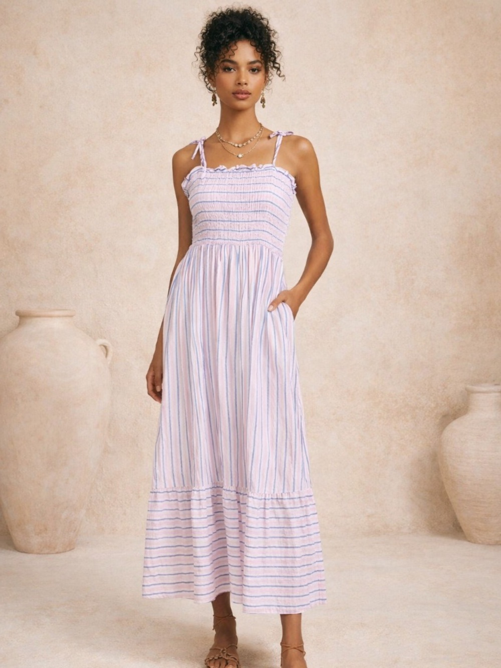 emory park White and Blue Striped Maxi Dress